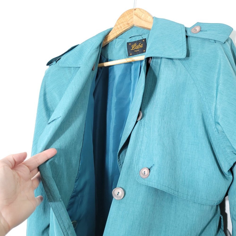 Luba Paris Vintage Teal Green Trench Double Breasted Tie Waist Retro Coat Classy - Picture 7 of 15